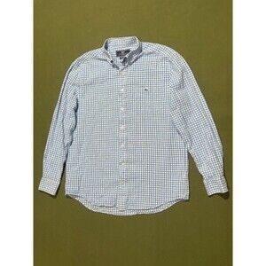 Vineyard Vines Linen Cotton Whale Shirt Mens L Large Blue Gingham Button Up Logo